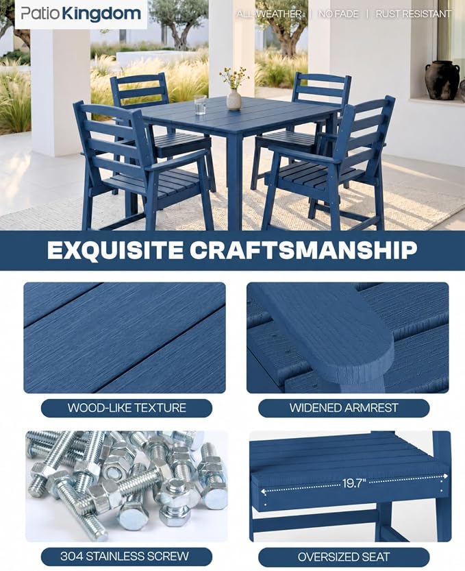 HDPE Outdoor Dining Set for 4, Armchairs, Navy | All-Weather HDPE, Wood Grain Finish, 42.5" Square Table, Built-In Umbrella Hole, Seats 4, Patio & Poolside Ready