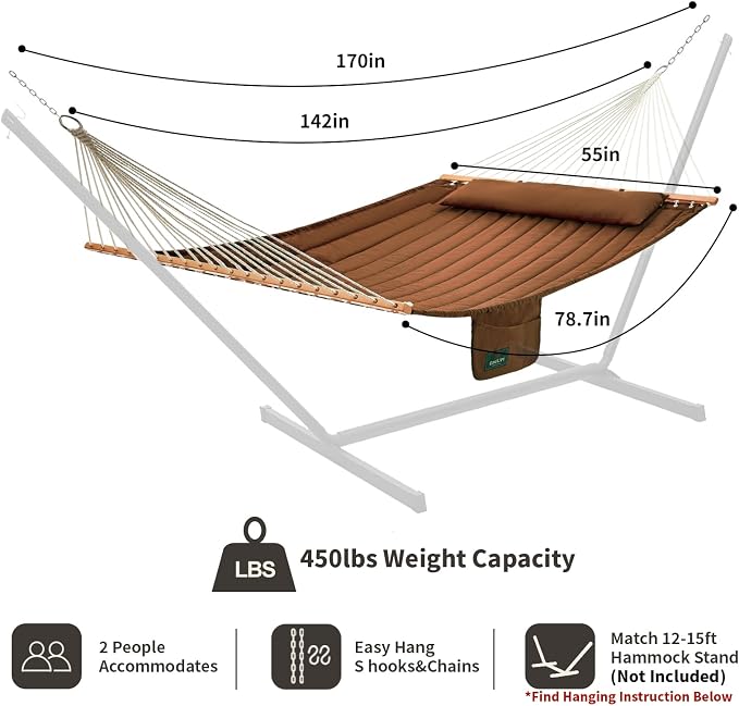 Double Quilted Fabric Hammock with Hardwood Spreader Bars and Pillow 450 LBS Capacity 2 Person Large Hammock for Outdoor Patio Backyard Poolside - Brown