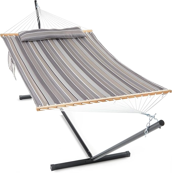 GAFETE 2 Person Hammock with Stand for Outside, Heavy Duty Steel Stand, 55inch Double Hammocks, Large Removable Pillow, Storage Bags, Max 475 lbs Capacity (Peace Dove)