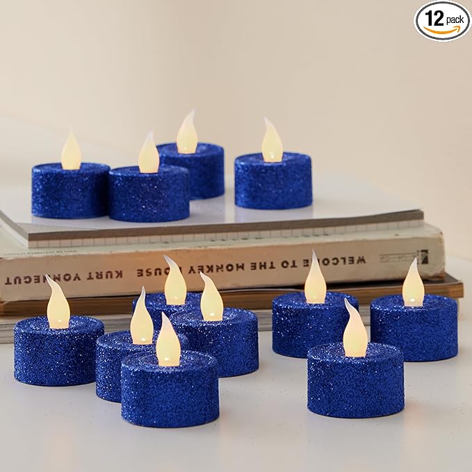 FURORA LIGHTING Royal Blue Glitter LED Tealight Candles Pack of 12, Flameless Flickering Tealight Candles for Home Décor, 1.5’’(W) x 1.65’’(H), Battery Operated