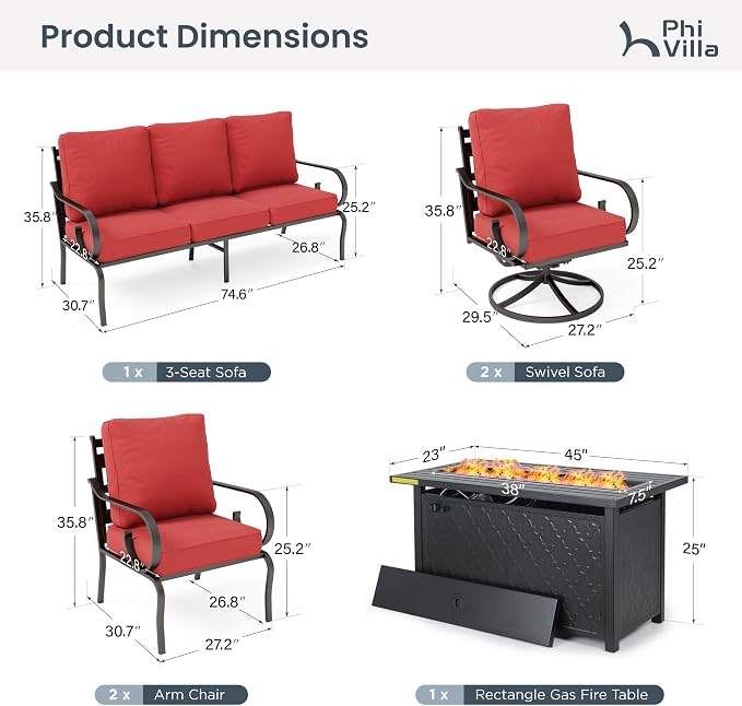 PHI VILLA Patio Furniture Set, 3-Seater Sofa, 2 Fixed Chairs, 2 Swivel Chairs and a 45" Fire Pit Table, Outdoor Metal Conversation Set with 5.75" Extra Thick Cushion for Garden Backyard Deck, Red