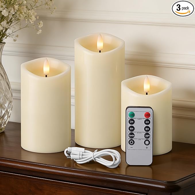 Rechargeable Flickering Flameless Candles Melted Edge Battery Operated with Remote and Timer, Real Wax LED USB Type-C Pillar Candles, Set of 3 (3" x 4",5",6"), Ivory, Home Decor