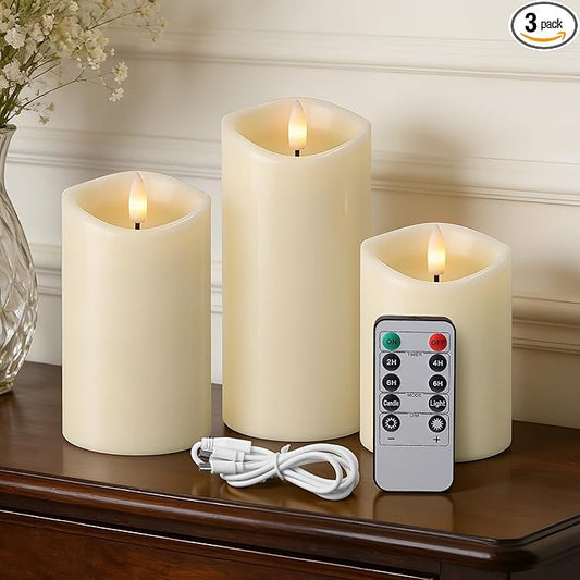 Rechargeable Flickering Flameless Candles Melted Edge Battery Operated with Remote and Timer, Real Wax LED USB Type-C Pillar Candles, Set of 3 (3" x 4",5",6"), Ivory, Home Decor