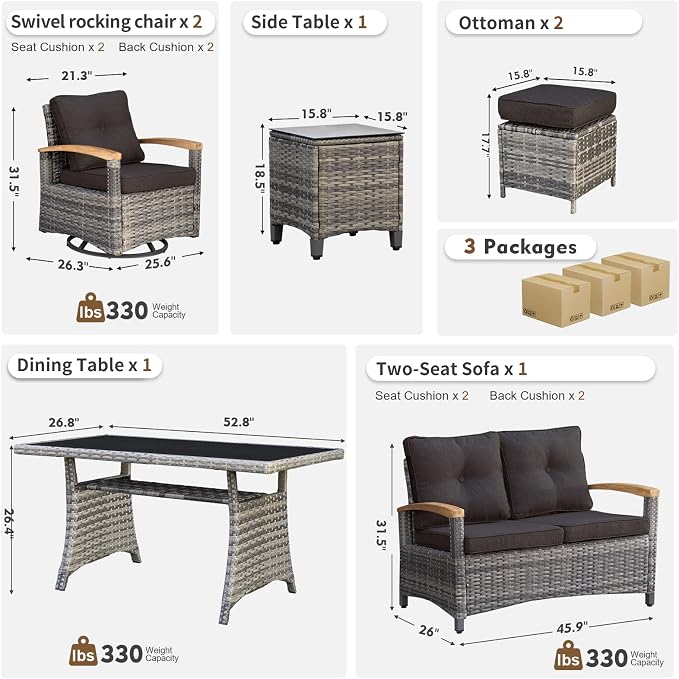 MEISSALIVVE 7 Pieces Patio Furniture Sets, PE Wicker Outdoor Conversation Sets with 2 Wood Armrests Swivel Rocker Chairs, 2 Ottomans, 2-seat Sofa and Dining Table (Black)