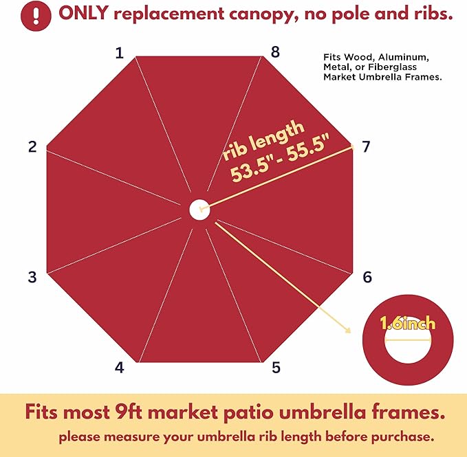 Sfmora 9ft Patio Umbrella Replacement Canopy for 8 Ribs, Outdoor Umbrella Canopy ONLY, Market Umbrella Top, Water-Resistant & UV-Protective