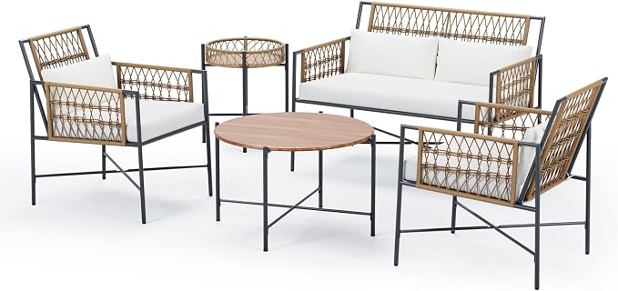 LAUSAINT HOME 5 Piece Patio Furniture Set, Outdoor Wicker Conversation Set with 2 PE Rattan Armchairs, 1 Loveseat with Cushions, Coffee Table & Side Table for Porch, Balcony, Garden, Poolside, Beige