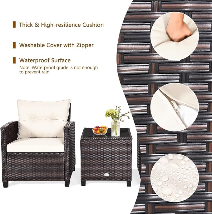 COSTWAY 3PCS Patio Furniture Set, PE Rattan Wicker Sofa w/Washable Cushion and Coffee Table, Tempered Glass Tabletop, Outdoor Conversation Set for Balcony, Porch, Yard, Backyard, Lawn, White