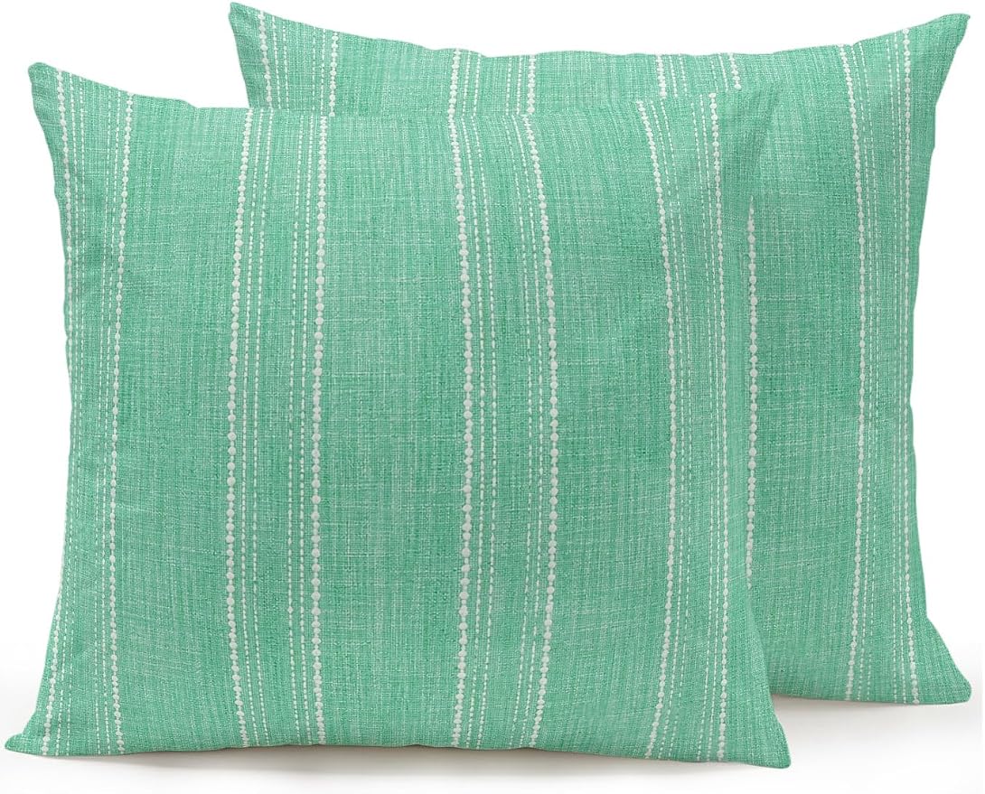 Vandarllin Waterproof Outdoor Pillow Set of 2 Mint Green Linen Stripes Decorative Throw Pillows Cover & Insert 16x16 Inch Pillowcase Parallel Vertical Lines Pillows for Couch Sofa Bed Patio Furniture