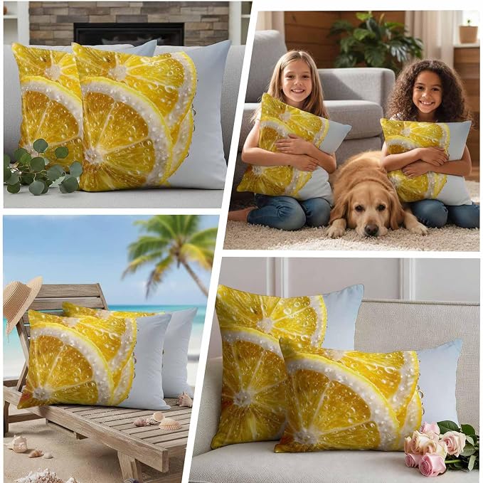 Yukro Lemon Slices Outdoor Waterproof Pillow Covers Pack of 2, Water Droplets Summer Yellow Fruit Throw Pillowcases Decorative Cushion Covers for Garden Patio Tent Sofa Couch, 18x18 inch
