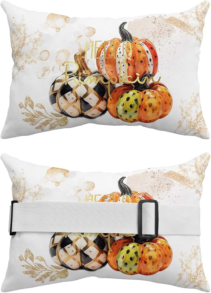 Outdoor Pillows Covers with Inserts Fall Thanksgiving Pumpkin Abstract Golden Tree Leaves Waterproof Pillow with Adjustable Strap Throw Pillows for Patio Furniture Recliner Lounge Chair, 12"x20", 2PCS