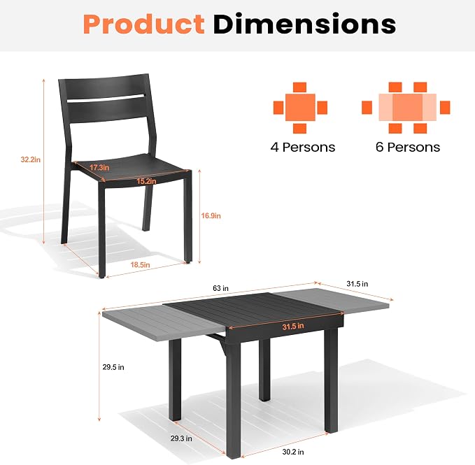 Pellebant 7-Piece Aluminum Outdoor Dining Set for 6, Stackable Contoured Seat Chairs with 17.3" Depth, Expandable Patio Table – Weather-Resistant Furniture for Deck, Porch & Backyard