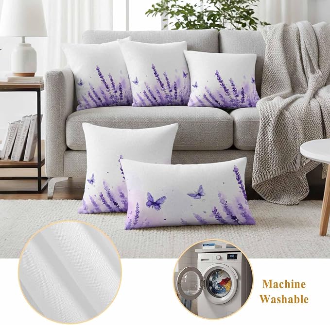 Spring Purple Lavender Outdoor Waterproof Throw Pillow Covers Set of 2, 20"x12", Country Watercolor Purple Floral Butterfly Decorative Pillow Covers Outside Cushion Case for Patio Porch Garden