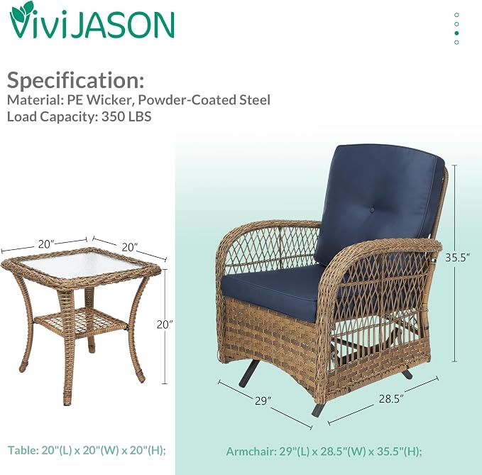 VIVIJASON 3-Piece Patio Bistro Glider Set, Outdoor Wicker Glider Rocking Chairs Set of 2 with Tempered Glass Side Table, Patio Rattan Furniture Set for for Backyard, Garden and Porch, Navy Blue