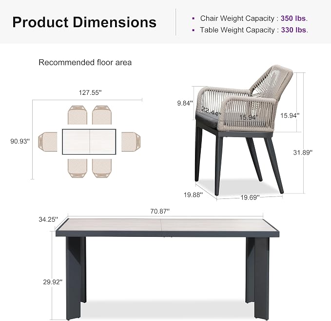 PURPLE LEAF 7 Pieces Patio Dining Set Aluminum Modern Rectangular Table and Rattan Arm Chairs with Cushions for Kitchen Porch Garden Outdoor Furniture Sets, Beige and Dark Grey