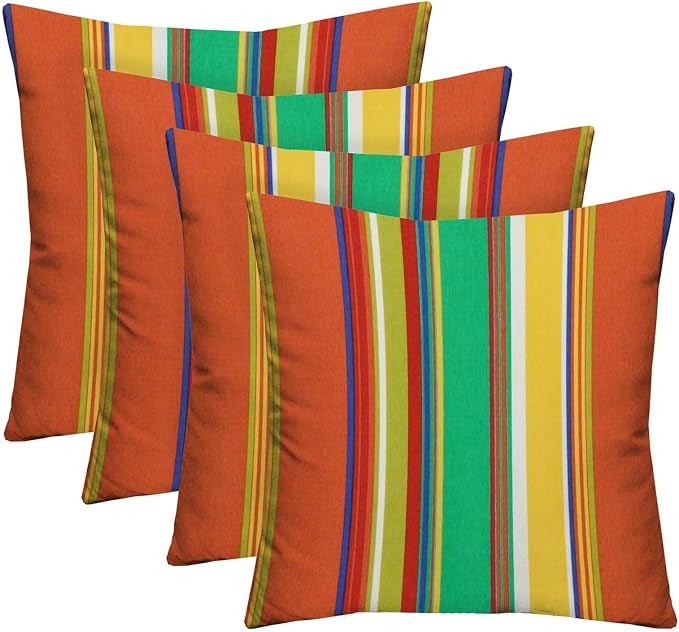 RSH DECOR: Square Throw Pillows Set of 4 | 17" x 17" | All-Weather Spun Fabric | Water and Fade-Resistant | Outdoor Accent Pillows for Patio Furniture | Bright Colorful Garden Red Stripe