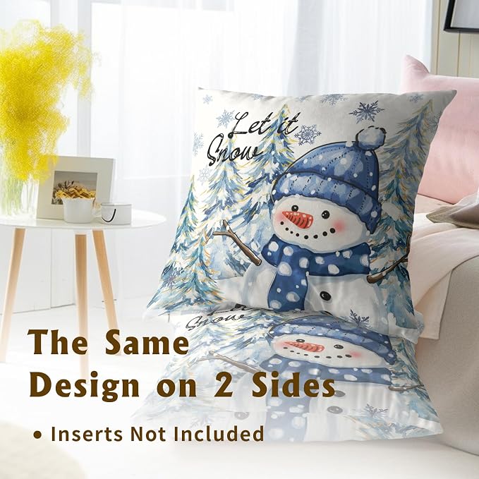 Winter Throw Pillow Covers 18x18 Inch – Pack of 2 Snow Snowman Pine Trees Holiday Cotton Hidden Zipper Pillowcases for Couch Sofa Bed Porch Farmhouse Home Decor