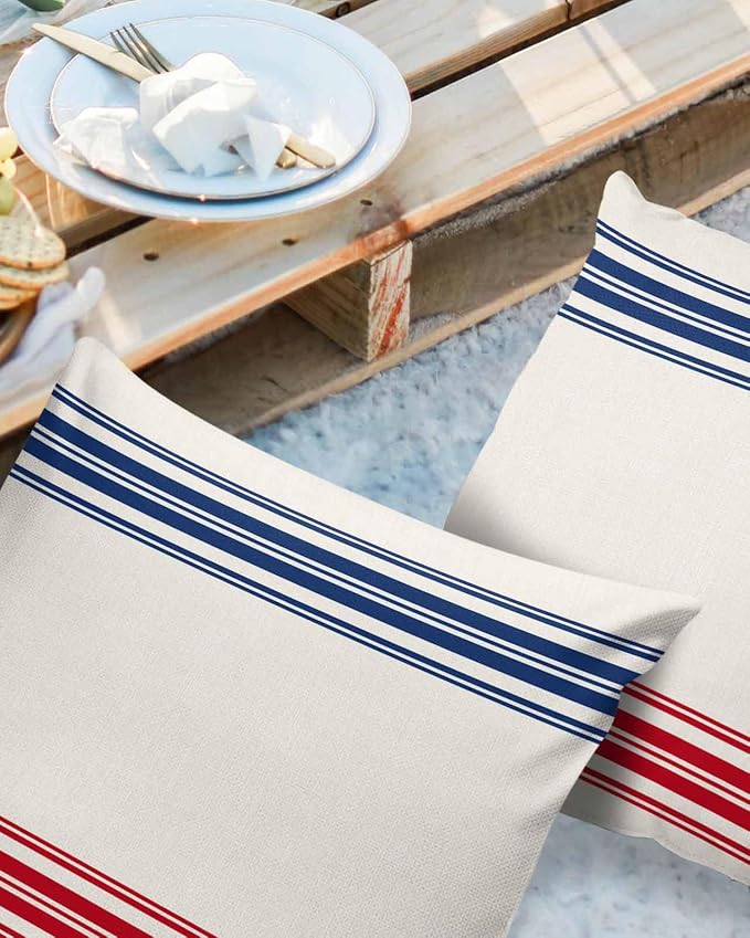 Outdoor Waterproof Pillow Covers Set of 2, Independence Day Flag Day Blue Red Stripe Vintage Patio Throw Pillow Covers, Decorative Cushion Case for Couch Sofa Furniture Garden, 18x18 Inch