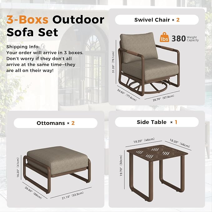 5-Pieces Round Aluminum Patio Furniture Set, Outdoor Swivel Rocking Chairs with 6.5" Thick Cushions & 2 Ottomans, All-Weather Rust-Resistant Frame Conversation Set for Porch, Garden, Backyard, Brown