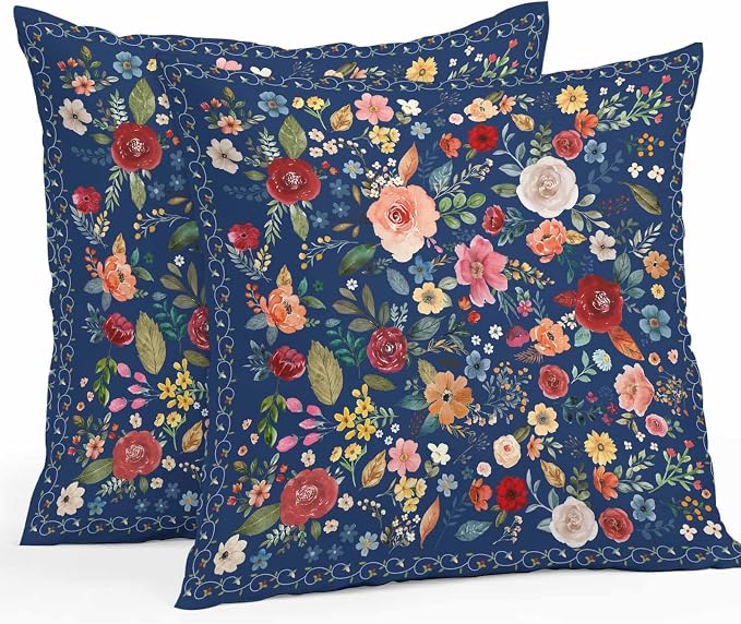 Vandarllin Outdoor Throw Pillows Covers 20x20 inch Set of 2 Waterproof Navy Blue Floral Decorative Zippered Cushion Covers for Patio Furniture, Farmhouse Vintage Flower Lumbar Pillowcases