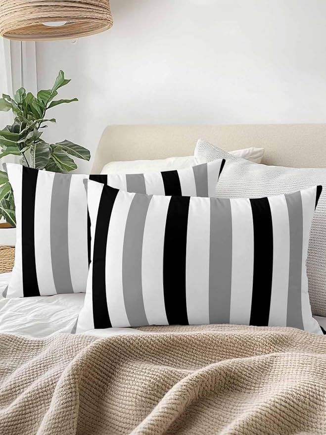 Outdoor Pillows Waterproof, Black Gray Striped Bedding Throw Pillows with Insert for Couch Sofa Bed, Farmhouse Stripe Art 12x20 Inch Pillowcases Decorative Camping Patio Pillow Set of 2