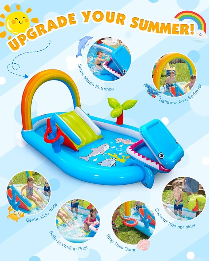 Whubefy Inflatable Kids Play Center Outdoor/Indoor 98 × 64 × 39 in Kid Pool Slide, with Water Sprayer, Waterfall, and Ocean Ball, Multicolor (with Blower)