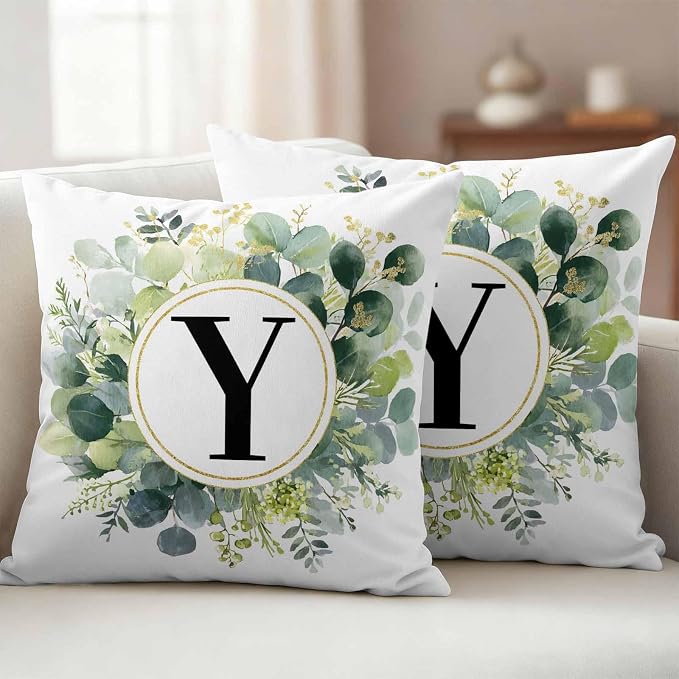Letter Y Waterproof Outdoor Pillow Covers Set of 2 Home Decor, Alphabet Green Eucalyptus Leaves Pillowcase Patio Pillow Covers for Couch Bench Patio Furniture Garden 16x16in