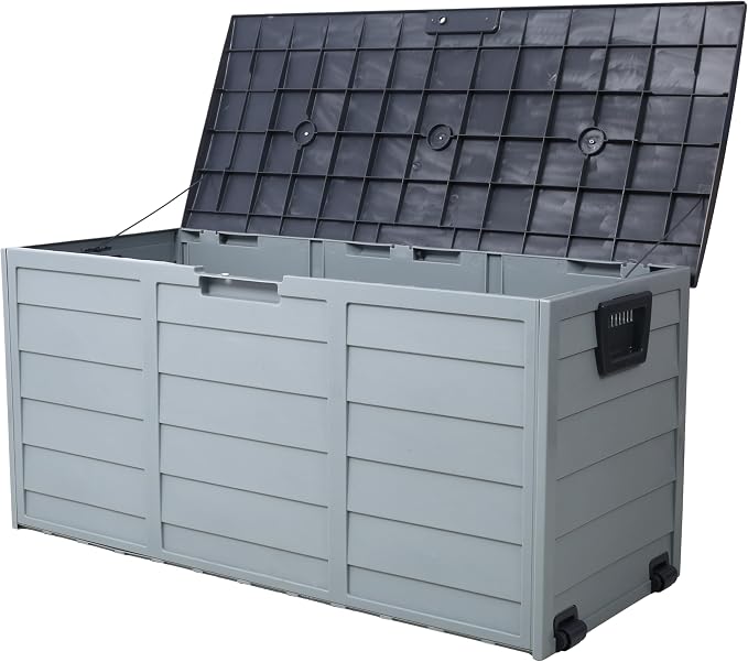 75 Gallon Resin Deck Box with Wheels, Gray Plastic Outdoor Storage for Patio Furniture, Pool Toys, Garden Tools, 44x19x21 Inches