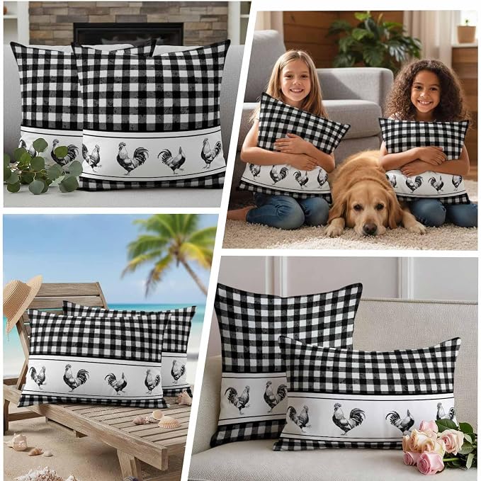 Outdoor Waterproof Throw Pillow Covers Set of 2 Chicken Cock Rooster Pillowcases 16x16 Inches Farmhouse Animal Black Buffalo Plaid Decorative Pillows Cushion Case Patio Pillows for Couch Bed Chair