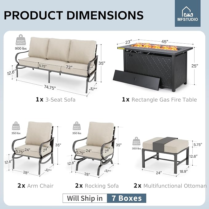 MFSTUDIO 8 Pieces Patio Furniture Sets with 45" Gas Fire Pit Table(Up to 9 Seat), Outdoor Metal Conversation Sofas with 1 x 3-Seat Sofa, 2 Single Chairs, 2 Rocking Chairs and 2 Ottoman, Beige Cushion