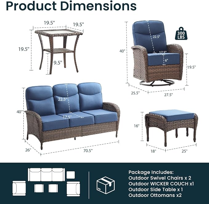 High Back Luxury Patio Furniture Set with 6-inch Thick Cushion, Swivel Rocker Patio Chairs with Outdoor Couch, 6 Piece Wicker Conversation Set for Deck Yard Garden Balcony Blue Cushion
