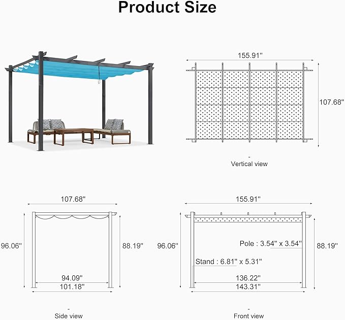 PURPLE LEAF 9.5' X 13' Outdoor Retractable Pergola Against The Wall with Shade Canopy Patio Aluminum Shelter for Garden Pavilion Grill Gazebo Modern Backyard Metal Grape Trellis Pergola Turquoise Blue