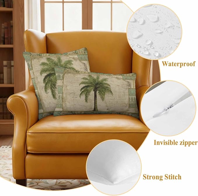 Summer Palm Trees Outdoor Pillow Covers 18"x18" Set of 2, Vintage Brown Tropical Leaves Boho Texture Waterproof Throw Pillow Covers for Patio Furniture, Decorative Cushion Covers for Porch