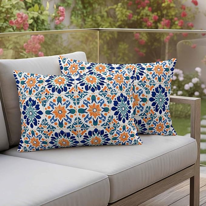 Retro Abstract Geometric Outdoor Pillow Covers Set of 2 Orange Blue Floral Texture Waterproof Throw Pillow Cover Decorative Cushion Cases for Patio Porch Garden 20X12 Inch