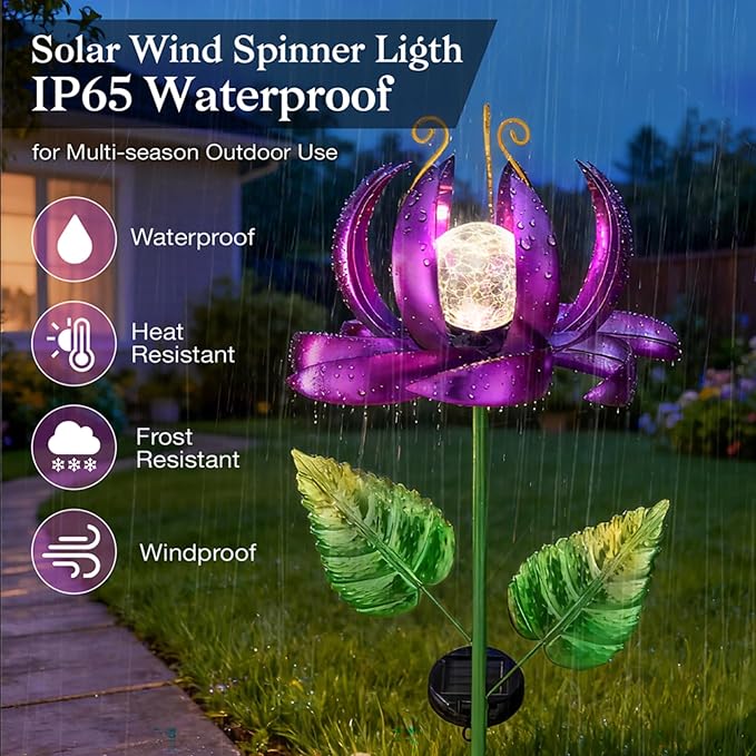 Solar Yard Lights Wind Spinners- Metal Lotus Flower Garden Decor LED Crackle Glass Globe Yard Art Sculpture Solar Stake Lights for Patio Pathway Lawn Walkway (Purple-Large)