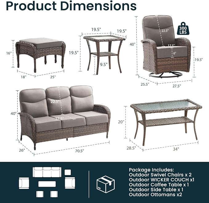 High Back Luxury Patio Furniture Set with 6-inch Thick Cushion, Swivel Rocker Patio Chairs with Outdoor Couch, 7 Piece Wicker Conversation Set for Deck Yard Garden Balcony Gray