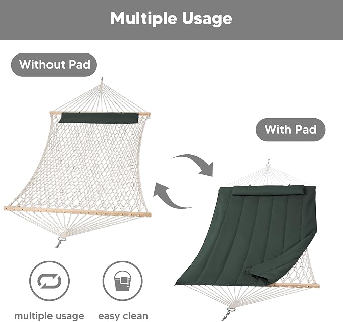 SUNCREAT Hammocks Replacement Hammock for Stand, 475 lbs Capacity, Two Person Backyard Hammock with Pad for Outside, Green Gray
