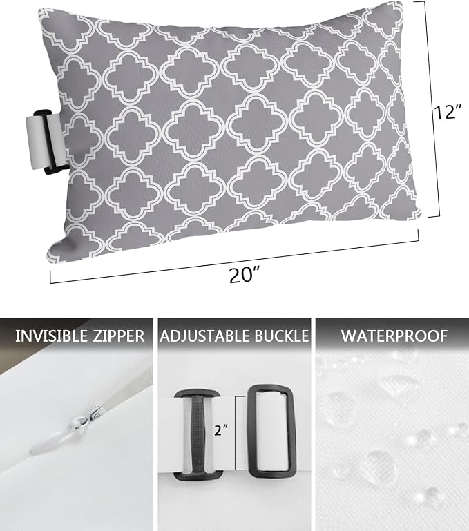 Outdoor Pillows Covers with Inserts Grey Moroccan Pattern Geometric Waterproof Recliner Pillow with Adjustable Strap Throw Pillows for Patio Furniture Pool Lounge Chair, 12x20 inch, 2PCS