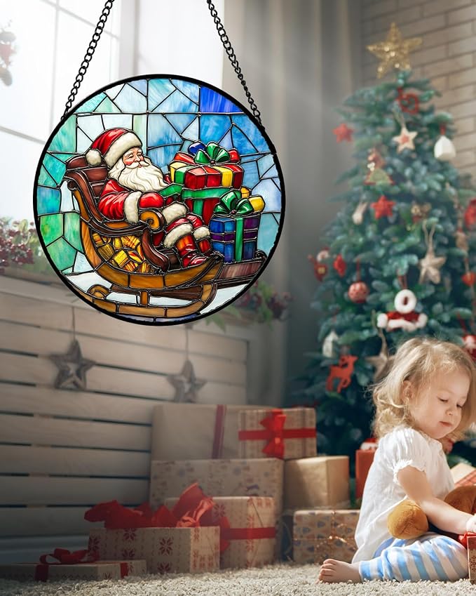 DASTOLL Stained Glass Window Hanging - Santa Claus Gift BoxSuncatcher for Doors Home Christmas Decoration Winter Sun Catcher Thanksgiving New Year Birthday Gift for Women Men Mom Nana 6.3 in