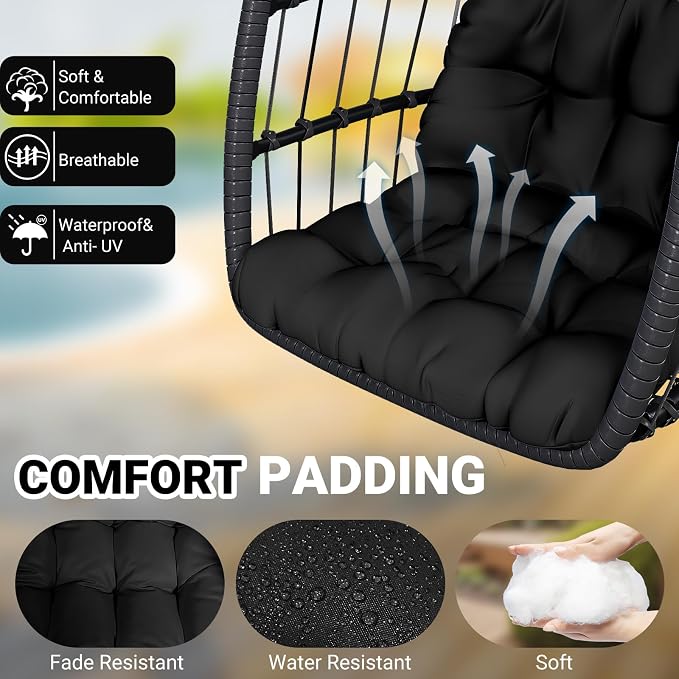 CHABATREE Egg Chair with Stand,Patio Rattan Wicker Hanging Swing Egg Chair Hammock Chair for Bedroom Porch Garden,Thickened Aluminum Alloy Steel Frame and UV Resistant Cushion,350LBS Capacity