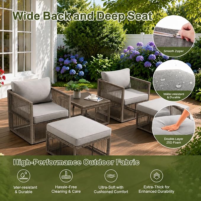 5 Piece Patio Furniture Set, Outdoor Sectional Sofa Set with 2 Ottomans, Coffee Table, Washable Cushions, All Weather Patio Wicker Conversation Set with Arm Chairs for Backyard, Porch, Balcony, Deck