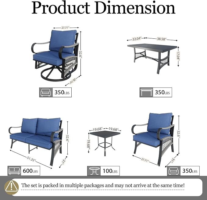 7 Pieces Patio Conversation Sets, All-Weather Metal Swivel Rocking Chairs with Rope Furniture Set, Outdoor Sofa Couch for Deck, Porch, Garden, Backyard, Poolside (Blue Cushions)