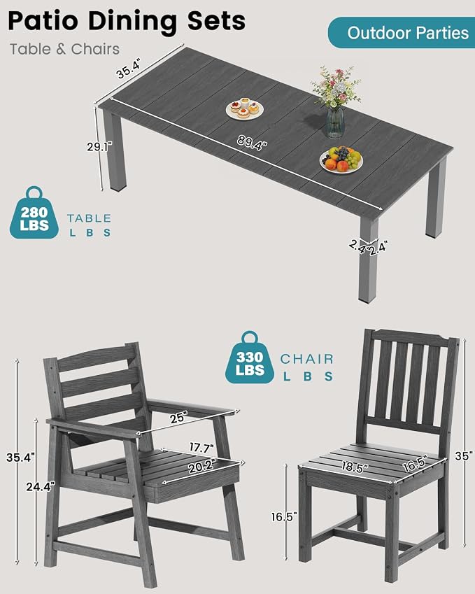 LOUNZY 11 Piece Patio Dining Set for 10, Outdoor Table and Chairs, Grey | 89.4“ table,Large 10 seat patio dining set, mixed chair durable HDPE wood-look, fade and UV resistant for long-term outdoor