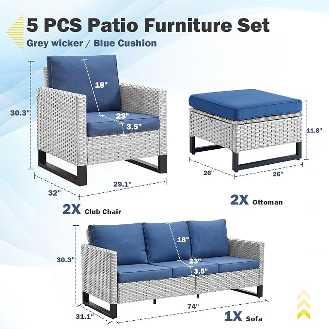 Belord Wicker Patio Furniture 5 Piece Outdoor Sofa Set, Oversize Outdoor Dining Chairs with Rattan Ottomans, Conversation Sets Patio Furniture Come with Removable Washable Cushion Blue, Light Grey