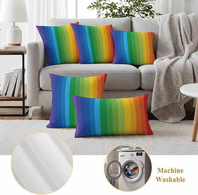 Outdoor Waterproof Throw Pillow Covers Set of 2 Rainbow Stripes Lumbar Pillowcases 20x12 Inches Colorful Lines Striped Decorative Pillows Cushion Case Patio Pillows for Couch Bed Chair Garden