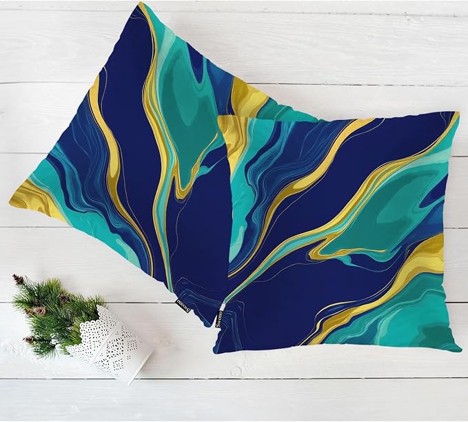 Swono Home Decorative Throw Pillow Covers Marble Pattern, Abstract Swirl Marble Stone Set of 2 Pillow Case Cushion Cover for Sofa Couch Bed Farmhouse Pillows Covers Decor 18x18 Inch, Blue Gold
