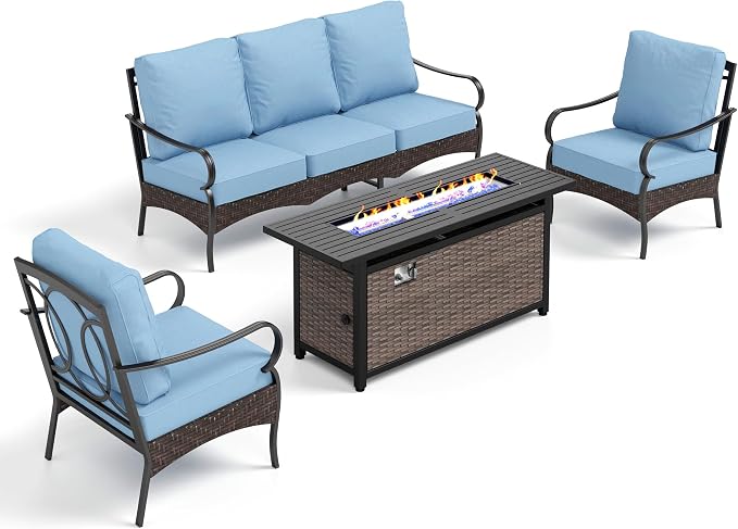 Patio Furniture Set with 56" Fire Pit Table, Premium Outdoor Wicker Metal Frame Furniture with Upgraded Waterproof Thick Cushions for Porch, Poolside, Deck, and Yard （4 Pieces,Blue）