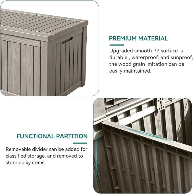 YITAHOME 180 Gallon Large Outdoor Storage XL Deck Box w/Divider for Patio Furniture,Outdoor Cushions, Garden Tools, Sports Equipment and Pool Supplies, Waterproof, Resin, Lockable, Taupe