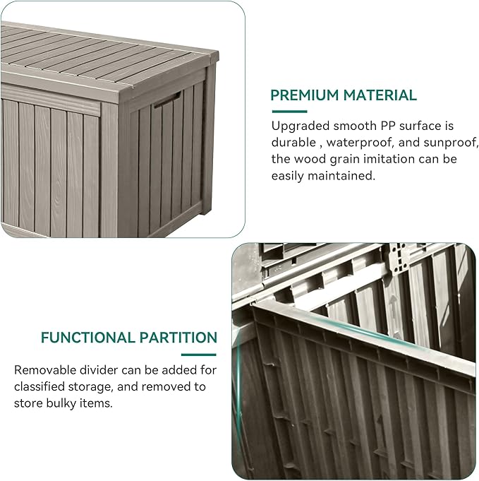YITAHOME 180 Gallon Large Deck Box w/Divider, XL Waterproof Outdoor Storage for Patio Furniture,Outdoor Cushions, Garden Tools, Sports Equipment and Pool Supplies, Resin, Lockable, Taupe