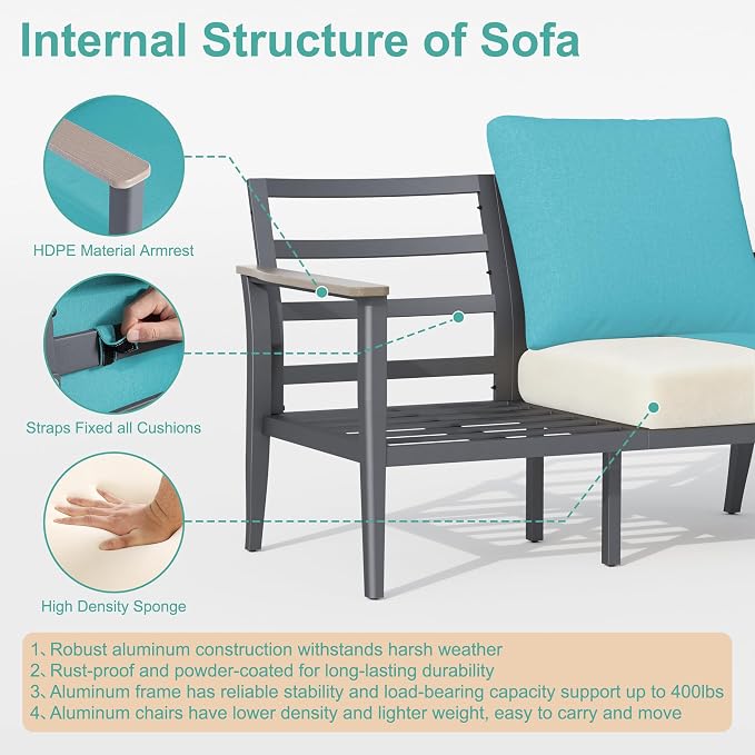 Aluminum Outdoor Patio Furniture Set with Swivel Rocking Chairs 11-Seat, Patio Sectional Sofa with Ottomans Patio Conversation Set with 55,000 BTU Fire Pit Table & High Backrest, Turquoise