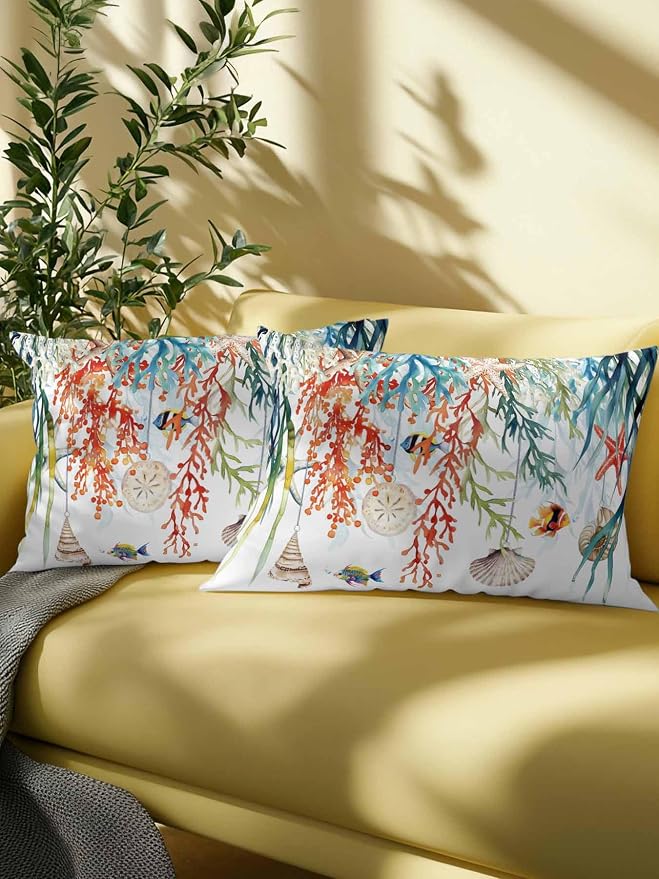 Outdoor Waterproof Throw Pillows Summer Colorful Coral Shell Conch Patio Pillows Pack of 2,Decorative Pillow Covers with Insert,Pillow Cushion Case for Garden Couch Sofa Sea Starfish Fish Marine Life